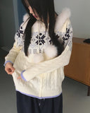 Leku Snowflake Nordic Cable Bell Fur Knit Zip-up