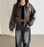 Autumn Pocket Zipper Loose Fit Leather Two-Way Crop Jacket