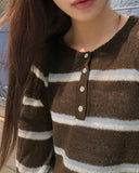 Tsen Stripe Button Henley Neck Long Sleeve Knit