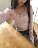 Matan Stripe Halter V-neck Long Sleeve T-shirt Set