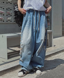 Side Damage Balloon Banding Denim Pants