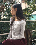 Lasso striped string layered outer brushed color matching off-shoulder T-shirt