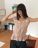 Kyohi Ribbon Pintuck Lace Short Sleeve Blouse