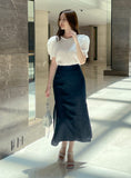 Bullet-Dot Wrinkle Jacquard Puff Sleeve Tee-Blouse