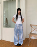 Khark Checkered Pintuck Banding Long Wide Pants