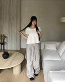 Daphi Round Collar Flower Punching Short Sleeve Blouse