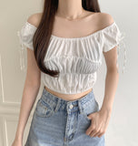 Lovely Hip Shoulder Ribbon Banding Off-shoulder Short Sleeve Blouse