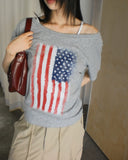 Det Vintage American Flag Printing One-Off-Shoulder Short Sleeve T-Shirt