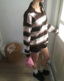 Kippek Stripe Color Matching PK Collar Knit