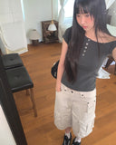 Az Pigment Washing Unbalanced One Off-Shoulder Button Short Sleeve T-shirt