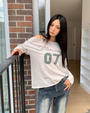 Marill Number Lettering Printed One-Off Shoulder Long Sleeve T-Shirt