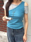 [SET] Resin Unbalanced Sleeveless One Shoulder Button Short Sleeve T-shirt