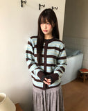 Woolen Stripe Round Knit Cardigan