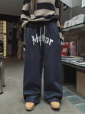 lettering denim wide banding pants