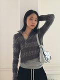 Near angora fur color matching stripe two-way diagonal zipper long sleeve knit