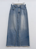 Deep Slit Cotton Long Denim Skirt (Light Wash)