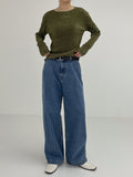 Boat neck pleated long sleeve T-shirt