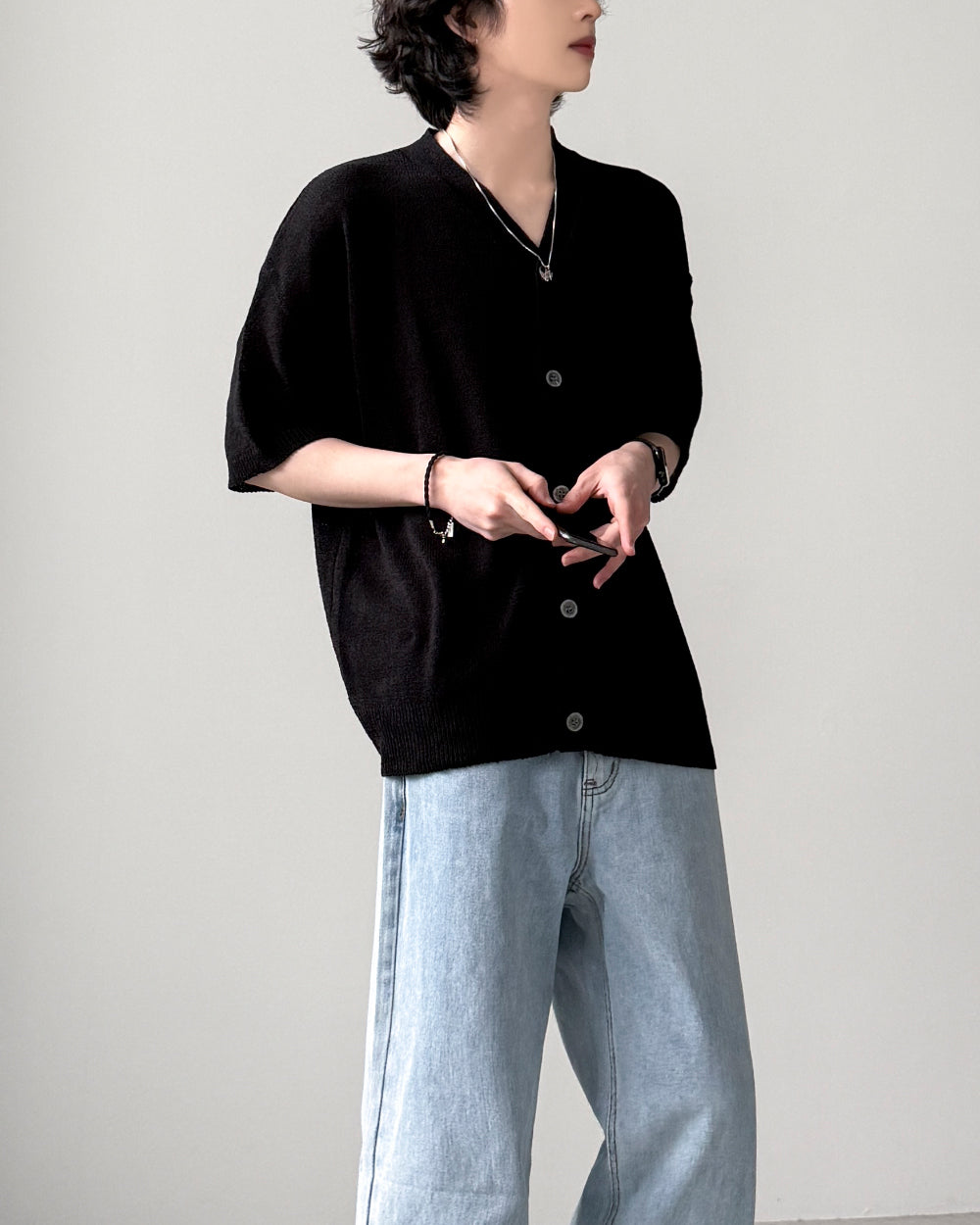 【YOURNUS】Nerd V-neck Half Cardigan YOURNUS (ユアノス) - ナードVネック半袖カーディガン / Nerd V