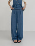 Summer denim banding wide pants