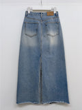Deep Slit Cotton Long Denim Skirt (Light Wash)
