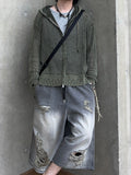Damage Dying Mesh Hood Knit Zip Up