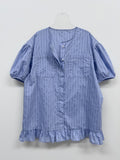 [Short sleeve.ver] Frill Stripe Loose Fit Blouse