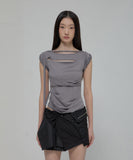 Asymmetrical Draped Strap Roll-Up T-Shirt