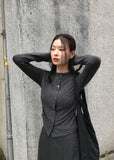 DOUBLE BUTTON SHIRRING CARDIGAN