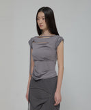 Asymmetrical Draped Strap Roll-Up T-Shirt