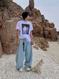 Light Blue Folded Snap Denim Pants