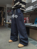 lettering denim wide banding pants