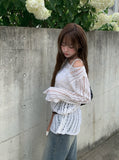 PT Diagonal Net One Shoulder Lip Neck Mesh Long Knit
