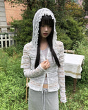 Efu slim fit two-way see-through lace hooded zip-up