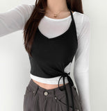 Halterneck Two-Tone Layered Ribbon Crop T-shirt