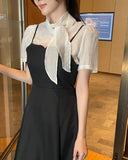 Ruzen Pearl Tie Short Sleeve Blouse