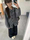 Chapney Check Shirring Round Collar Frill Shirt