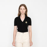 Flower Dot Embroidery Short Sleeve Knit Collar Tee
