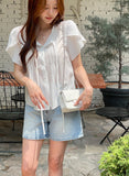 Collie Tulip-Sleeve Pintuck String Blouse