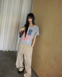 Det Vintage American Flag Printing One-Off-Shoulder Short Sleeve T-Shirt