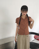 Seren Vintage Pintuck Slit Puff Sleeve Short-Sleeved Shirt