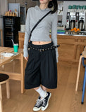 Poly Stripe Bermuda Slacks (+Belt Set)