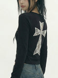 LACE BACK CROSS U-Neck Long Sleeve