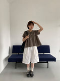 Geljik Check Frill Round Short Sleeve Blouse