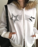 [Brushed Lining] Petol Ribbon Star Two-Way Fur Hood Zip-Up