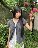 Hichu Stripe Frill Lace Ribbon Short Sleeve Blouse