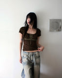 Kuro Vintage Shirring Lace Short Sleeve T-Shirt