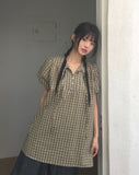 Kio check button strap short sleeve one-piece dress
