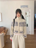 Sikok Snow Flower Nordic Pattern Two-Way Knit Zip-Up Cardigan