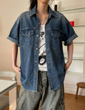 Ruff unbalanced pocket denim short sleeve shirt
