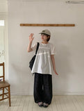 Cube Ribbon Cut Shirring Short Sleeve Blouse